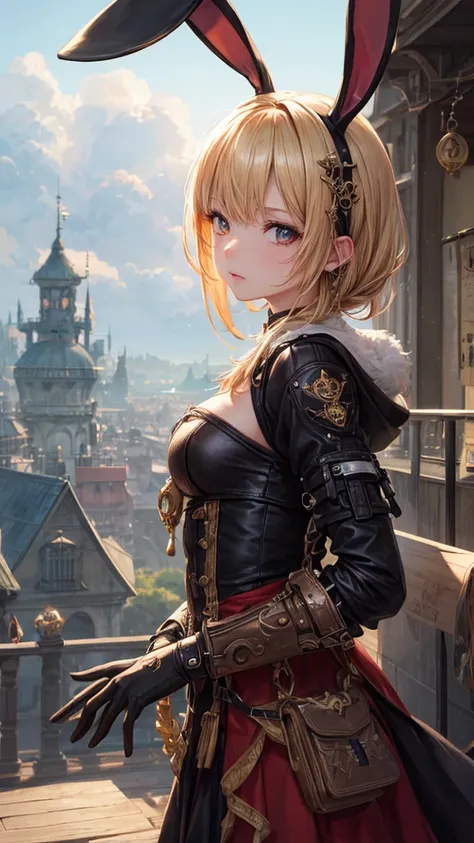 Super detailed, high detail, high quality, 【8k, Miyazaki Style, A steampunk-style city floating in the sky, Clouds and diverse architecture, 散發著神秘與科技氣息 --v 61 girl, 1 girl, 1 girl, Single, High resolution, Bangs, blond, simple background, animal ears, Rabb...