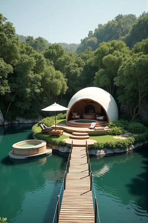 Medium oval lake with a wooden bridge leading to an island in the middle which has a dome-type glamping with a jacuzzi, bath and maya catamaran