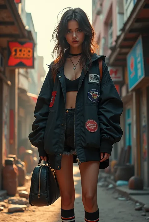 (photorealism:1.2), beautiful woman, a young woman standing confidently in a gritty urban environment. She wears a large, oversized black jacket that adds a sense of casual coolness to her appearance. The jacket features patches, hinting at a rebellious or...