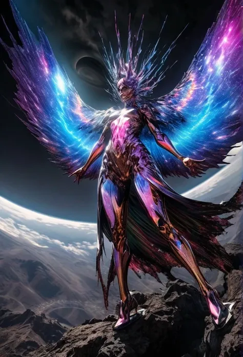 High energy humanoid entity born from cosmic rays, transparent yet very vibrant colors of pure energy, large wings, and defined features, leaking iridescent light, background ominous spiral black hole, electromagnetic discharge, dark clouds, galaxy, delica...