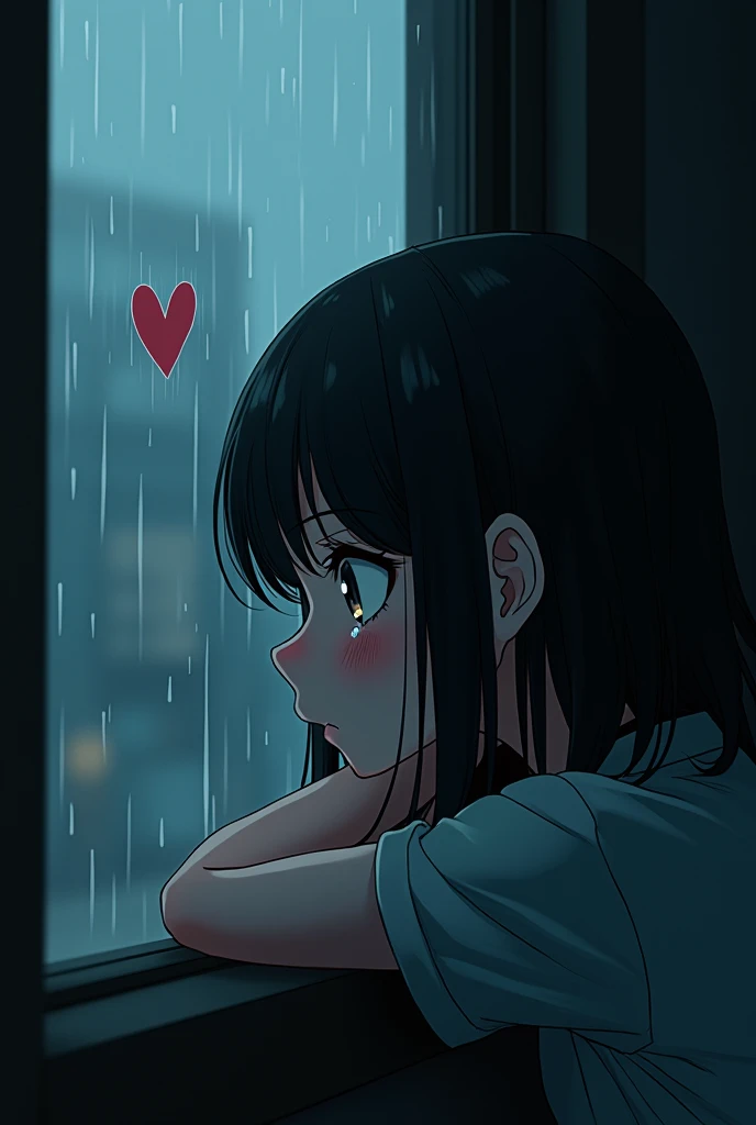 A girl sit in front of a window,head on window,rainy day,heart on window,cry eyes,manga,anime,