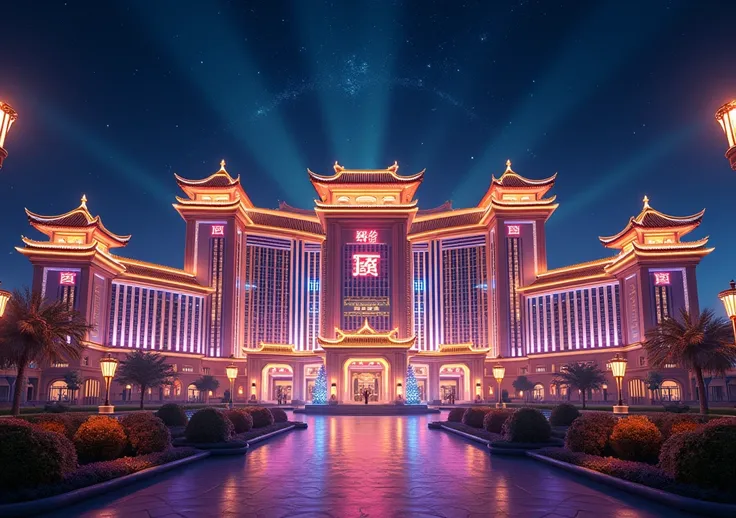 Luxurious casino night view, majestic China decorated with lights of various colors, decorated with lights of various colors, exquisite decoration, night, front view, starry sky