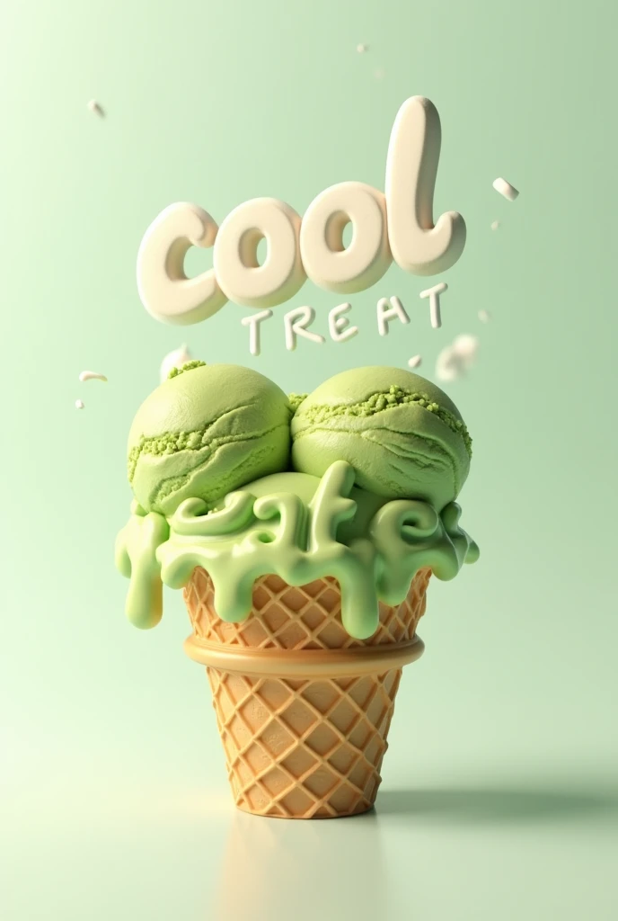 Close-up of a waffle cone with two scoops of matcha ice cream. The ice cream scoops are detailed with realistic texture and a slightly melting effect. Floating around the ice cream are 3D letters spelling "COOL TREAT" in a playful, bubbly font. The letters...