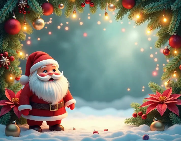 Christmas art with flowers and little Santa Claus in the left corner and lots of lights and christmas balls foliage and snowy background