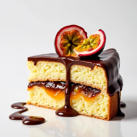 Slice of cake filled with passion fruit and chocolate with yellow passion fruit opened showing the seeds and melting chocolate