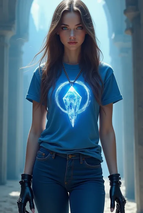 Female with long brown hair and blue eyes standing. Long blue pants with black boots. Short sleeve blue t-shirt with a crystal on it and a circle around the crystal. She has black claws.