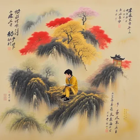 imagine/ Huángdì Neijing (Huang Di Nei Jing), Suwen (Su Wen); create a 2D scene in yellowish tone; only two characters 黃帝 sitting above and qibo 歧伯 the doctor sitting below ; make much simpler strokes like a sketch