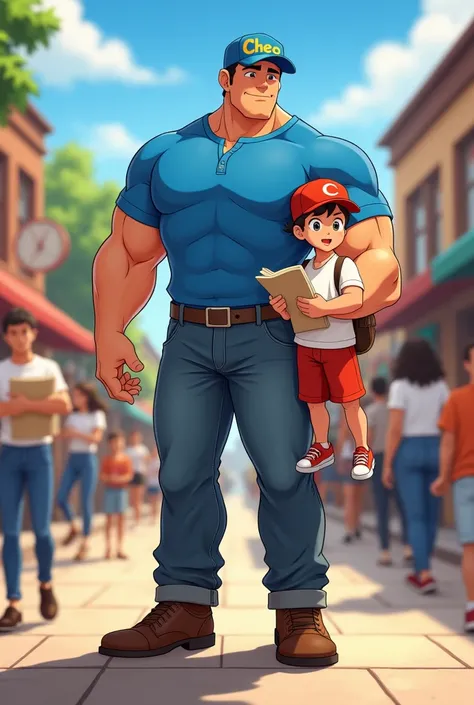 Young man with his son, Muscular young man with a blue shirt and long jeans with a blue cap and brown shoes , on the cap say CHEO with his  son, tender white shirt with red shorts with a red cap and red shoes helping the townspeople giving out papers and d...