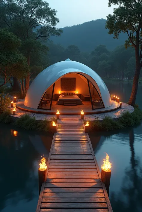 Medium oval lake with torches around it, with a wooden bridge leading to an island in the middle which has a wooden board and above it a dome-type glamping with a jacuzzi, bath and maya catamaran