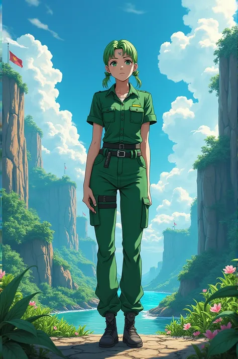 An image of Jolyne Cujoh, with the characteristic anime style of Jojos, a panoramic view