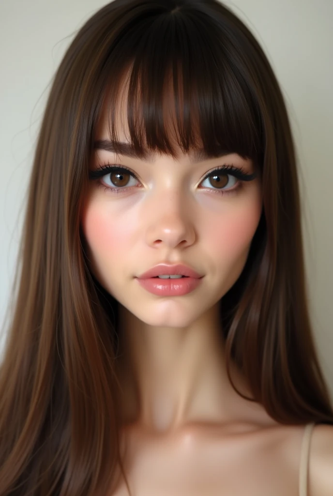 “Create a highly detailed and anatomically accurate image of a young woman with long, straight brown hair styled in a heavy bob cut with thick, straight bangs. Her face is round, with full cheeks and a soft, youthful appearance. She has large, round eyes t...