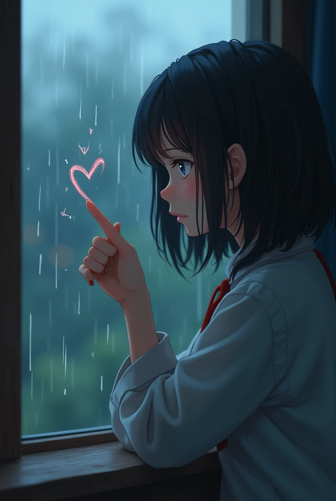 A girl sit in front of a window,head on window,rainy day,create heart on window with finger,cry eyes,manga,anime,