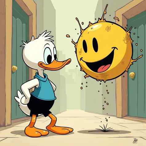 anthropomorphic Duck wearing black shorts and sees a corrupted smiley face and make itsmooth like Hanna Barbera and 1940s cartoon and their wearing black shorts and gym blue shirt and their designs is resembling Carl Barks Donald Duck Comics