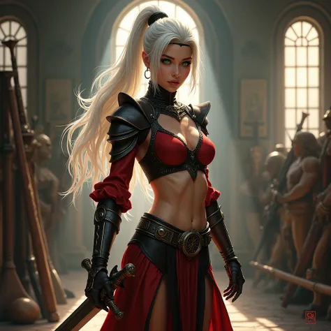 (photorealism:1.2), majestic, ethereal, beautiful woman, busty chest, standing in training grounds, wearing red and black T-Rex inspired armor, black hairband, long white hair in ponytail, illuminated sapphire blue eyes, midriff, navel exposure, abdomen ex...