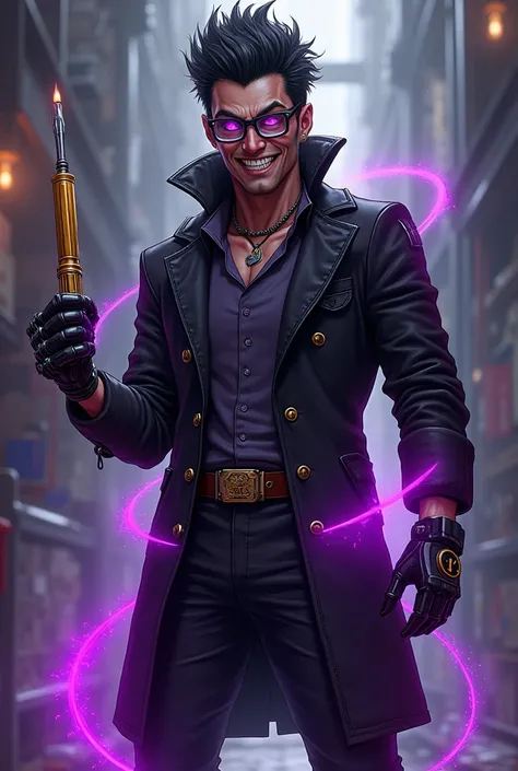 Chat create an alternate universe, dove, this mechanic/ engineer went crazy.
His black hair has become more spiky and he has now replaced his human hands with robotic hands and he uses a golden screwdriver that emits purple rays. His smile has become extre...