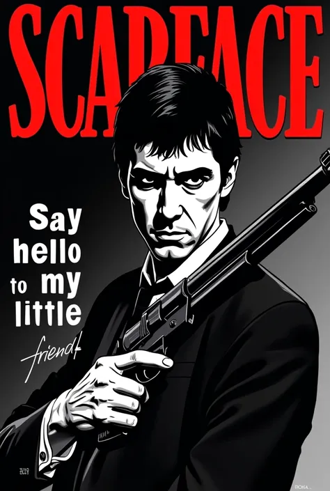 A comic-style version of the famous Scarface movie poster featuring Tony Montana holding a large gun with a fierce expression. The title Scarface should be in red capital letters at the top, and the famous quote Say hello to my little friend... should be v...