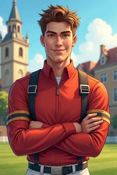 man, jockey player, university, brown hair, honey colored eyes, strong, smiling, 
