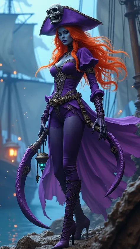 score_11, score_9_up, score_8_up, ((real, realistic)). pirate woman, A villain. This woman has the (((violet-colored skin))), orange hair, Purple pirate hat with a skull drawing in the center. wears a purple pirate suit, purple high boots. His hands are ma...