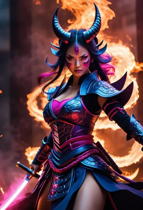 (best quality,4k,8k,highres,masterpiece:1.2), ultra-detailed, (realistic,photorealistic,photo-realistic:1.37), terrifying pink demon girl with the appearance of a blue samurai, possessing a beautiful face and slender body, holding a sword. [demonic], [samu...