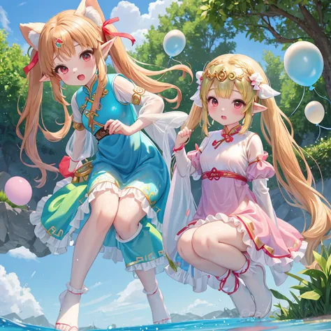 Princess Zelda、、Children、Under the sun、Slime、cheongsam frills、Twin tails、Curly Hair、Peeing、Rubber balloon、red、Animal ears, Big ribbon、Embarrassing、Clothes get wet and become transparent、