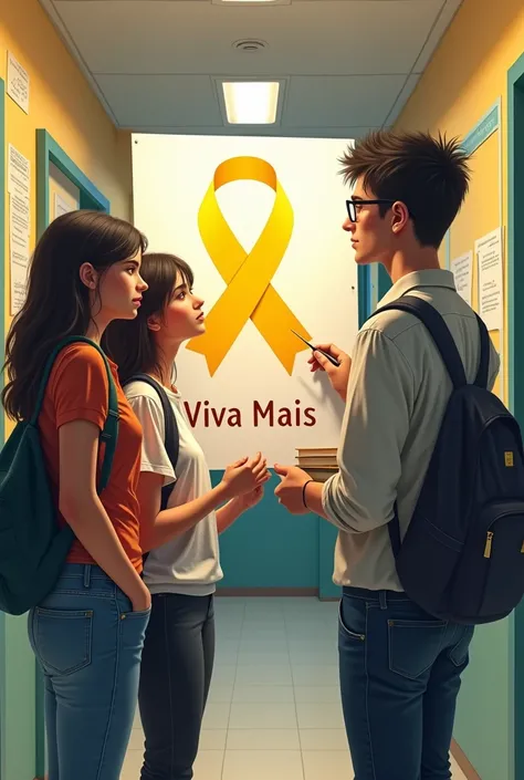 Create two teenagers, a woman and a man, sticking and looking at the poster working together that has the symbol of the yellow September ribbon and the name viva mais in Portuguese below the poster on the wall of a hallway where an older, black teacher wit...