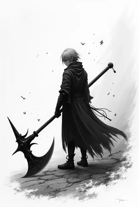 Make a low-detailed black graphite anime-style drawing of a 1 man using a large halberd 