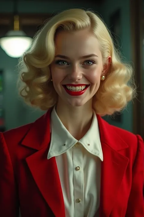 Create a teenager of , with 1940s eide part haircut, blonde, with white shirt and red jacket, with vampire teeth and smiling straight ahead.