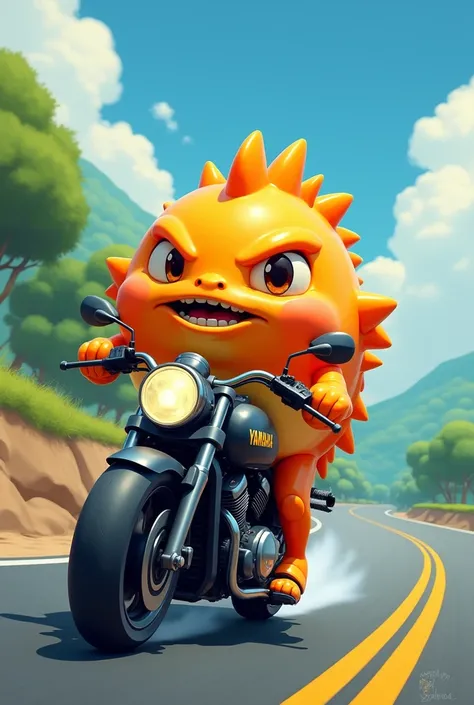 Orange puffer fish , with short wavy hair , driving a Yamaha motorcycle, with the word “Pescadin”