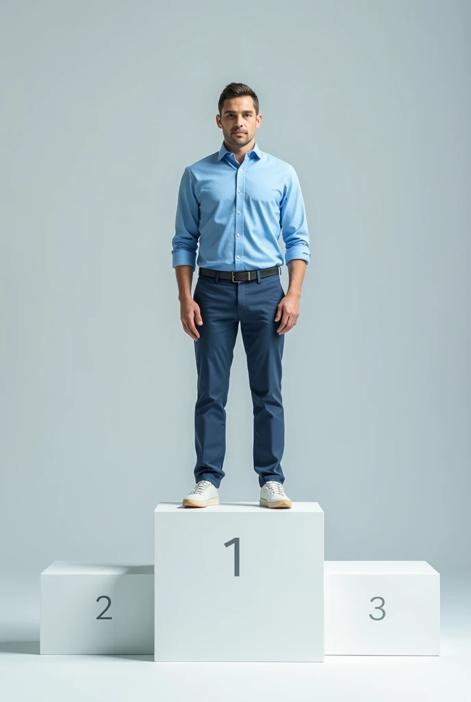 Simple man in blue shirt on first place podium 