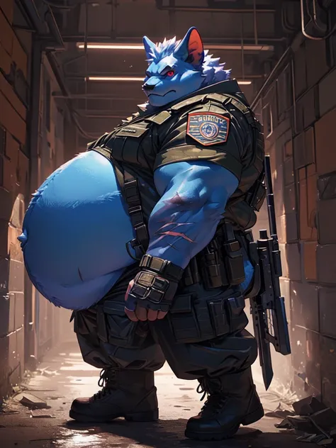 Very Extremely obese Blue Bat with very extremely massive belly, wears boots, wears military special forces outfit, holding a knife, scars on the face, side view, extremely massive belly, red eye, fighting pose, Looking at viewer 