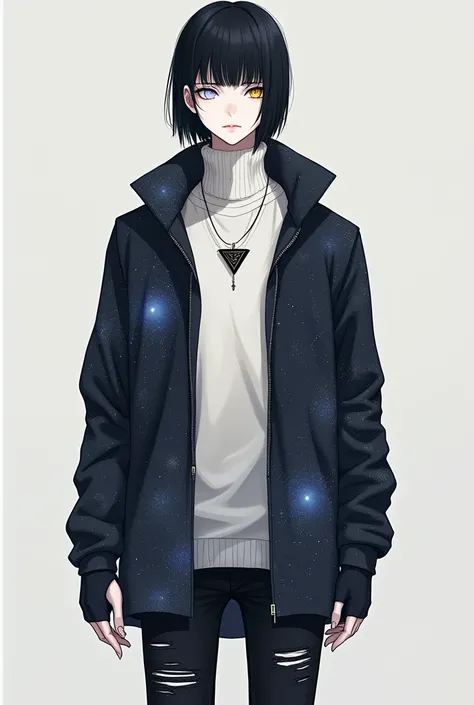 I want you to draw a male with black straight hair, his left eye is completely white and his right eye is yellow, his skin is white and hes wearing a white sweater with a turtle neck hes also wearing a galaxy jacket with fingerless gloves, he has a necklac...