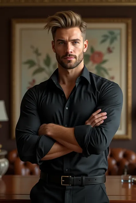 A tall man, with a height of approximately 1,85 meters, handsome, Muscular and athletic build, with broad shoulders and a well-defined torso, square face, with a strong and prominent jaw, a straight nose and defined lips,Deep blue eyes with a penetrating a...