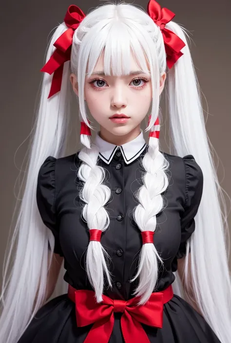 1 girl, Solo, Hi-res, Long hair, White hair, Bangs, Red eyes, Jewelry, Ribbon, Hair ribbon, Hair bow, POV, Accurate, Masterpiece, Best quality, Anatomically correct, white hair, hairstyle, pigtail, pigtail hair, High Resolution, Best Quality, Detail, HD Mo...