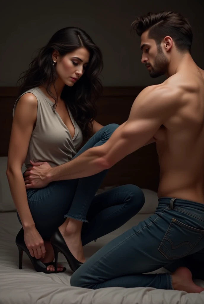 black haired man, light skin, defined body, crouching in front of a woman with long black hair. The woman is sitting on the bed and the man is kneeling in front of her, putting a high heel shoe on her. His hand is on her foot. She is wearing pants and a dr...