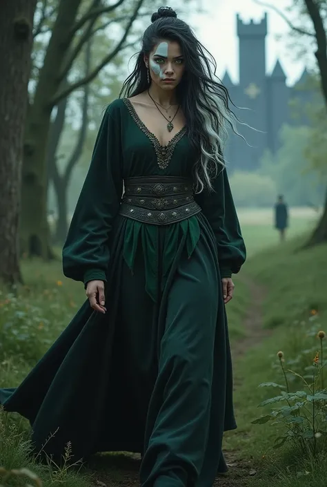 realistic woman. Mulher Viking. One green eye and one yellow eye. White spot on the face that starts at the hairline and runs diagonally down the face. Black medieval dress with dark green details. witch in the florest. walking in the forest. A giant black...