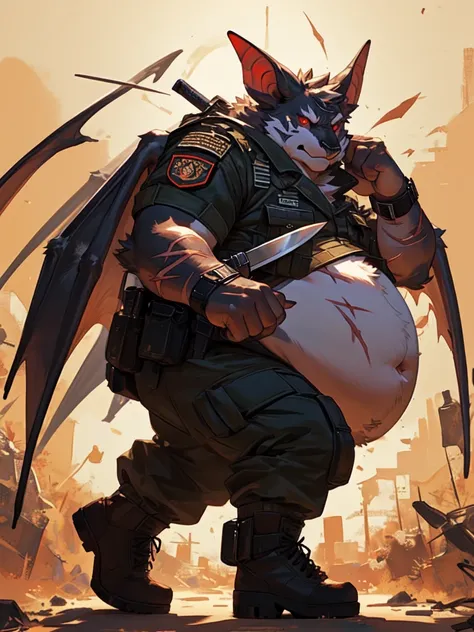 Very Extremely obese Bat with very extremely massive belly, wears boots, wears military special forces outfit, holding a knife, scars on the face, side view, extremely massive belly, red eye, fighting pose, Looking at viewer 