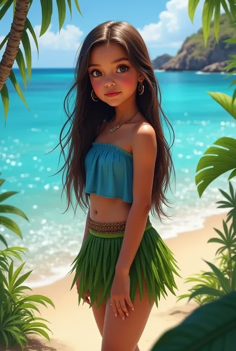 Realistic  young hawaiian Girl with long straight hair and Wearing blue strapless top and Hula Leaf skirt in scene Beach and facing front