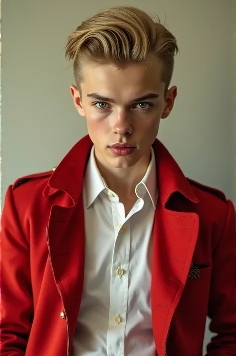 Create a teenager of , with 1940s eide part haircut, blonde, with white shirt and red jacket, with vampire teeth and smiling straight ahead, masculine and realistic.