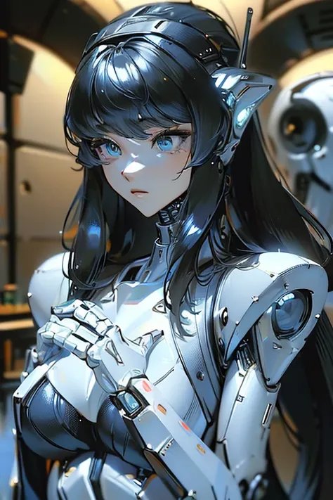 (masterpiece),(Highest quality),(Super detailed),(Best illustrations),(Best Shadow),(Absurd),(Detailed Background),(so beautiful), 16K, 8K, 4K,(Best Shadow),empty eyes,robotization,woman ,big bust,Robot Joint ,Metal skin,Black Suit,long hair,a black suit t...