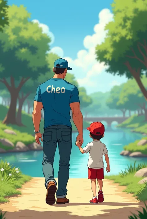 Young man with his son, young muscular man,  with a blue shirt and long jeans with a blue cap and brown shoes , on the cap say CHEO with his  tender son white shirt with red shorts with red cap and red shoes walking on a path near the river in anime manga