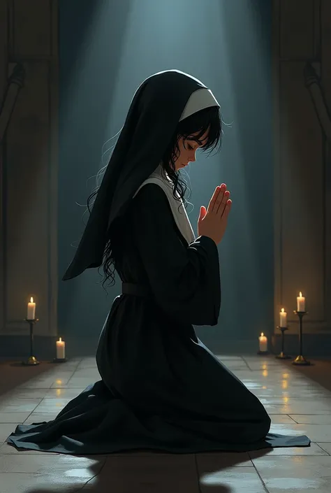 1 boy with long wavy black hair dressed as a nun and praying without showing his face 