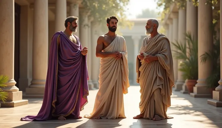 A group of three stoic philosophers stands together in a serene Roman courtyard, surrounded by marble columns and soft, dappled sunlight filtering through olive trees. Marcus Aurelius stands on the left, his youthful, well-defined physique draped in a purp...