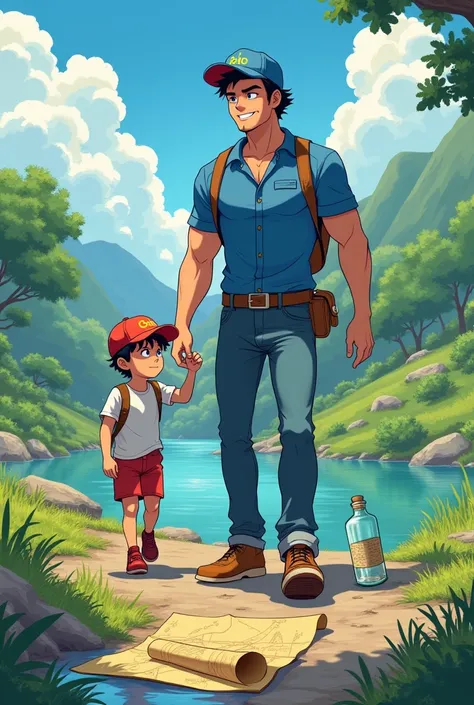 Young man with his son, young muscular man,  with a blue shirt and long jeans with a blue cap and brown shoes , on the cap say CHEO with his  son tender white shirt with red shorts with a red cap and red shoes walking along a path near the river found an o...