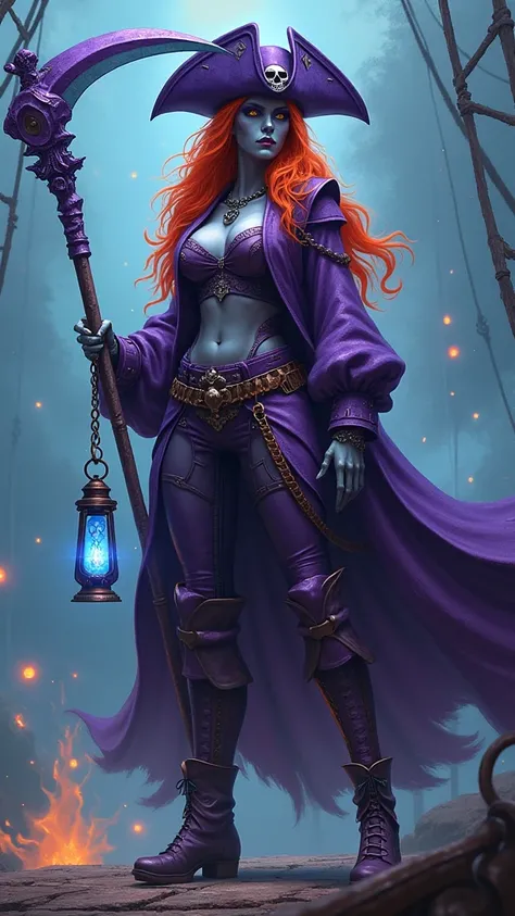 score_11, score_9_up, score_8_up, ((real, realistic)). pirate woman, A villain. This woman has the (((violet-colored skin))), orange hair, Purple pirate hat with a skull drawing in the center. wears a purple pirate suit, purple high boots. His hands are ma...