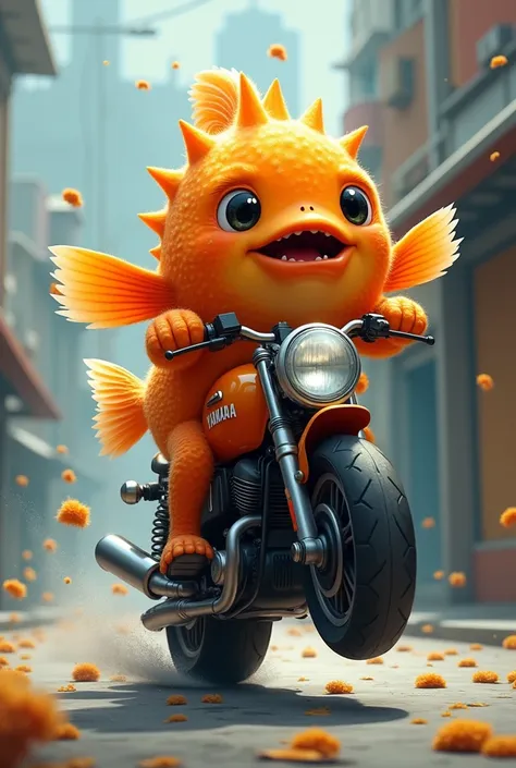 Orange puffer fish, riding a motorcycle on one wheel,without helmet , Yamaha brand 