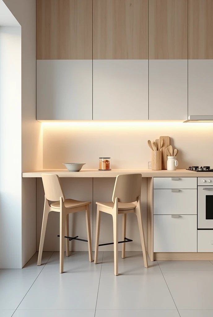 high counter for eating against the wall with two chairs facing the wall kitchen in light wood and white colors just for eating against the wall nothing else with decoration and more modern without natural light just artificial but more beautiful 