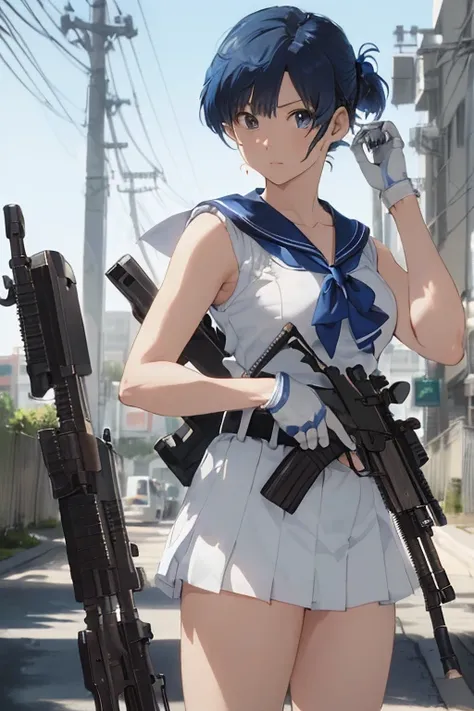 masterpiece,Best Quality,
Sailor Mercury, (((Assault rifle sights,1.8))) ,Machine gun,((photographの構え,1.5)),A look of determination, A sophisticated sailor&#39;s uniform, Stylish long hair, Stylish hairstyle、Gradient Hair Color,City Rooftops, ((smog, inten...