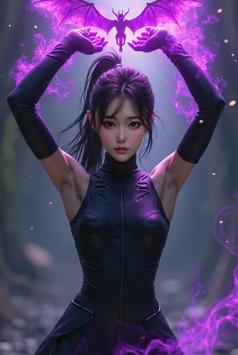 Korean white skin 1 girl wearing sleeveless black power Ranger costume raising her arms up summoning legendary blackish purplish aura with a bat hologram her eye balls glowing purple