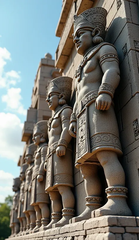 Mayan warriors sculpted, carved in stone, on the temple structure, with elaborate details, clear sky in the background, close-up,