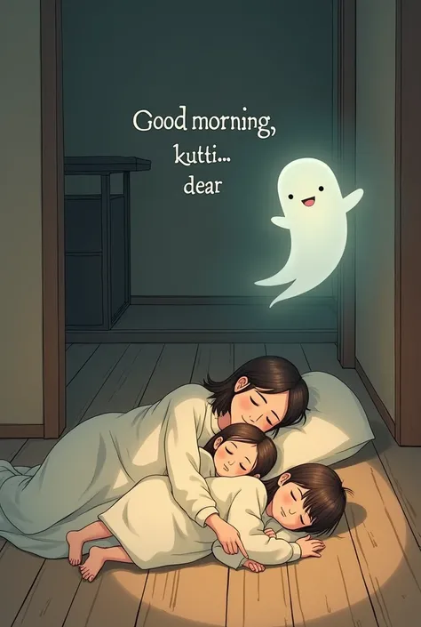 Home with one mother and two daughters sleeping on the floor along with Good Morning Kutti 👻 Message